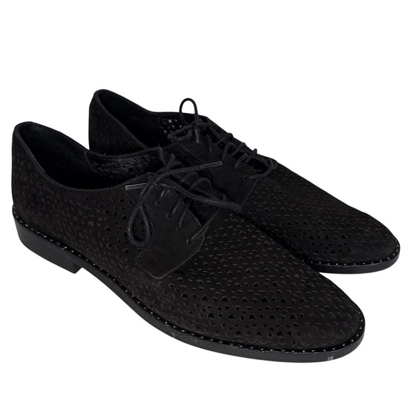 Gentle Souls by Kenneth Cole Shoes - Vince Camuto Lesta Geo Black Oxford Women 9M Laser Cut Suede Flat Studs Academia